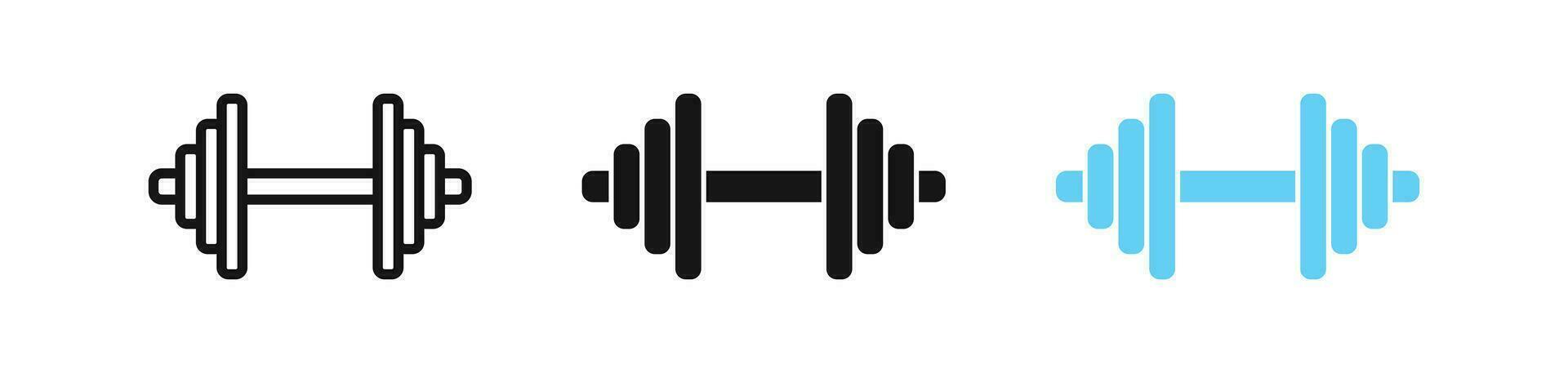Dumbbell symbol. Gym weight signs. Heavy barbell symbols. Fitness, power lifting, bodybuilding, training icons. Black, blue color. Vector sign.