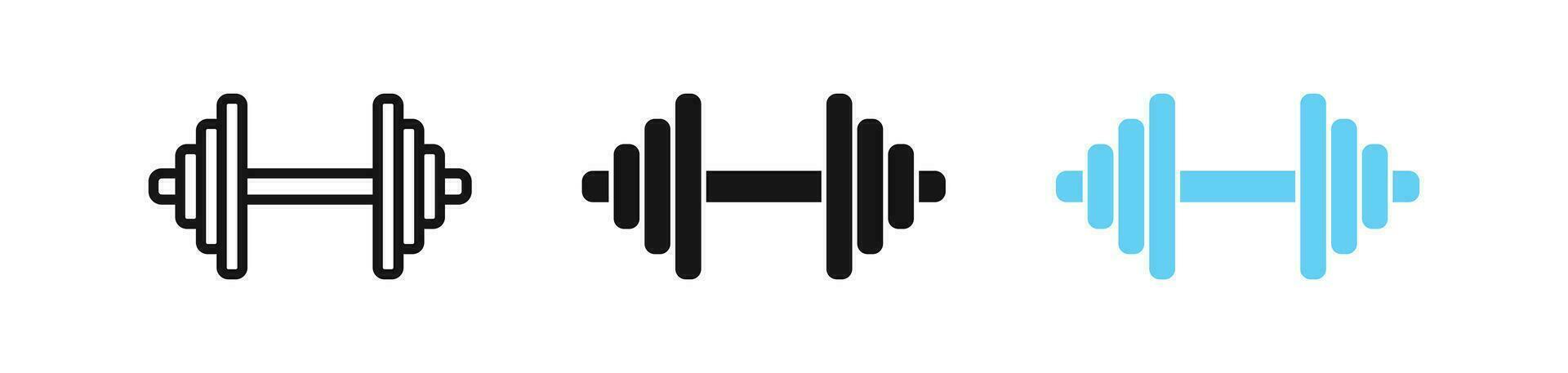 Dumbbell symbol. Gym weight signs. Heavy barbell symbols. Fitness, power lifting, bodybuilding, training icons. Black, blue color. Vector sign.