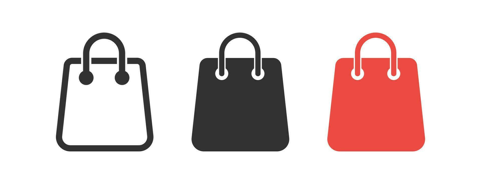 compras bolso icono. comprador símbolo. mercado mercancías señales. papel regalo simbolos eco paquete iconos negro, rojo color. vector signo.