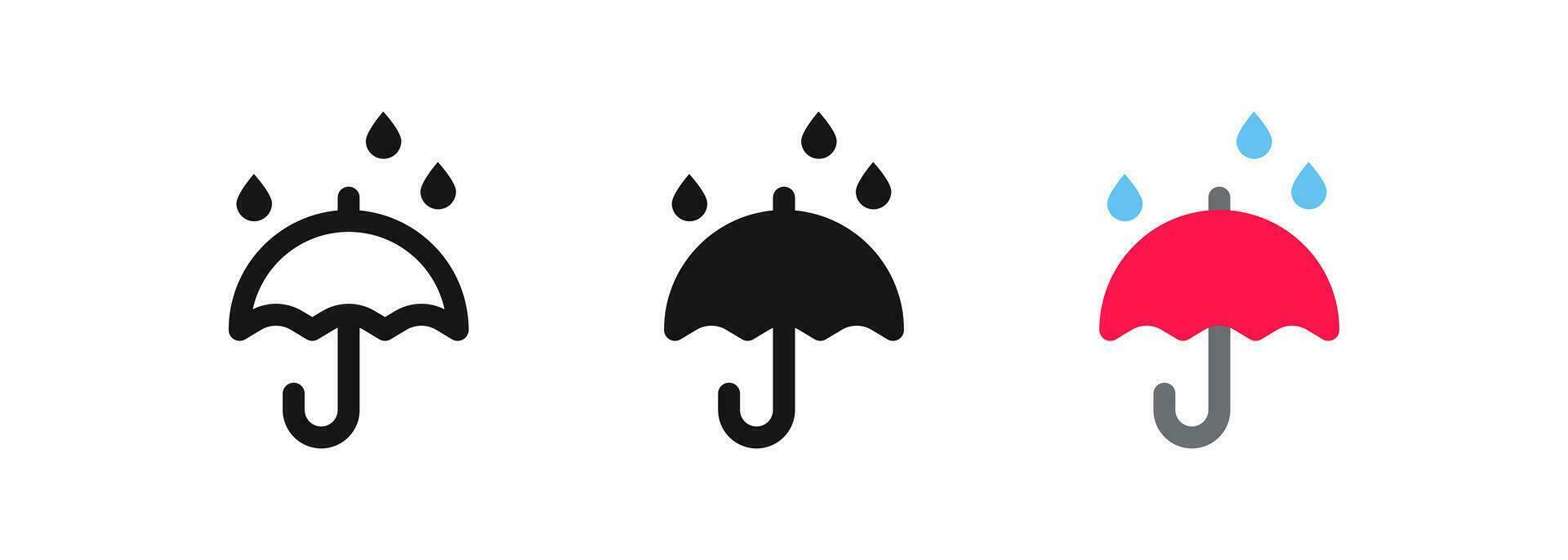 lluvia paraguas icono. agua soltar proteccion símbolo. gota de agua señales. lluvioso otoño simbolos mojado clima iconos negro, plano color. vector signo.