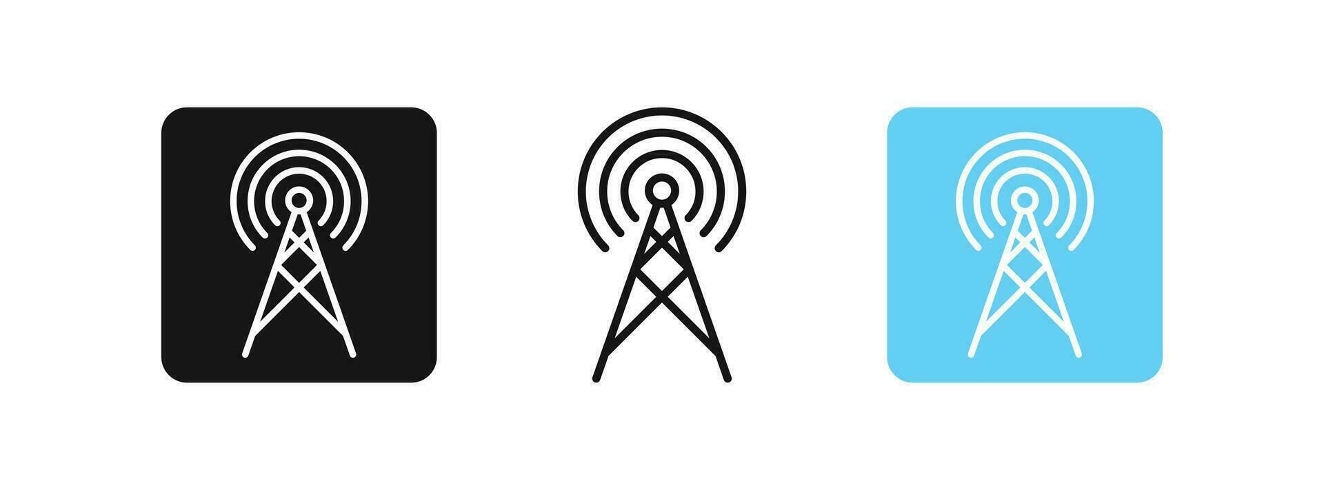 Antenna icon. Communication tower symbol. Wireless internet signs. Network transmission symbols. Mobile transmitter icons. Black, blue color. Vector sign.