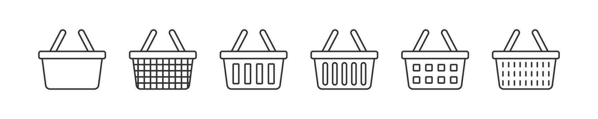 Shop basket icon. Supermarket cart for food signs. Market bag symbol. Online button to buy symbols. Purchase icons. Black color. Vector isolated sign.