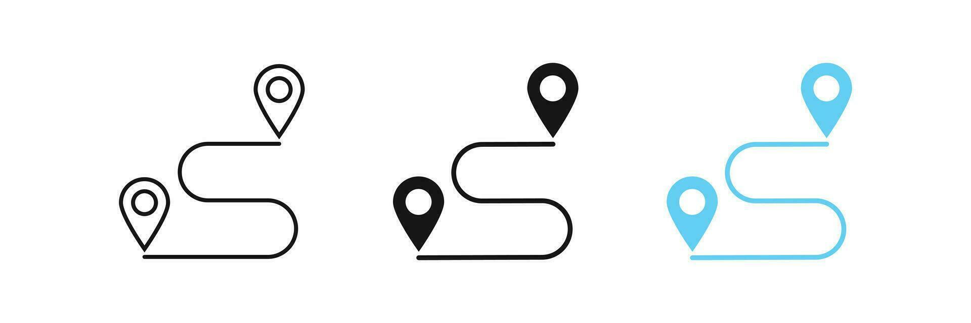 Map route icon. Gps path symbol. Travel signs. Roadmap symbols. Distance, geo pin, start and finish icons. Black, blue color. Vector sign.