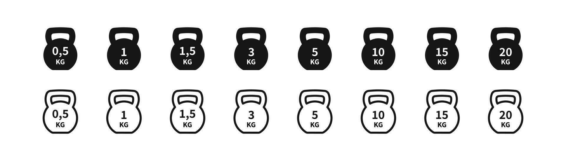 Kg weight icon. Heavy dumbbell symbol. Sports signs. Measure symbols. 0,5, 1, 1,5, 3, 5, 10, 15, 20 kilogram icons. Black color. Vector sign.
