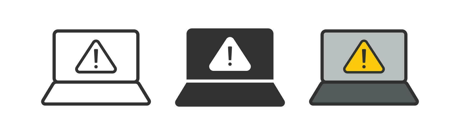 Laptop alert icon. Warning screen symbol. Computer report signs. Attention symbols. Error icons. Black, flat color. Vector sign.