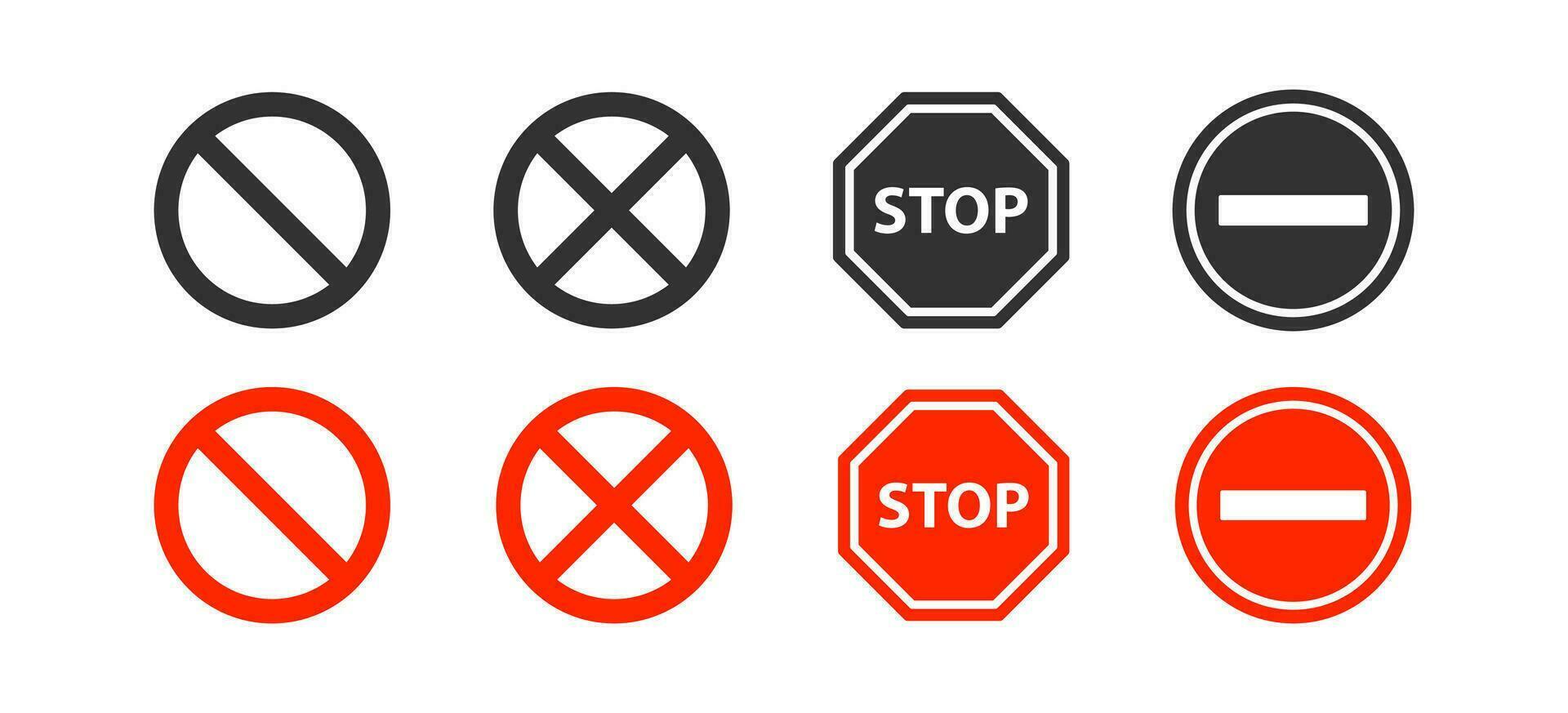 Stop icon. Traffic signs. Forbidden symbol. Road symbols. Warning icons. Black, red color. Vector isolated sign.