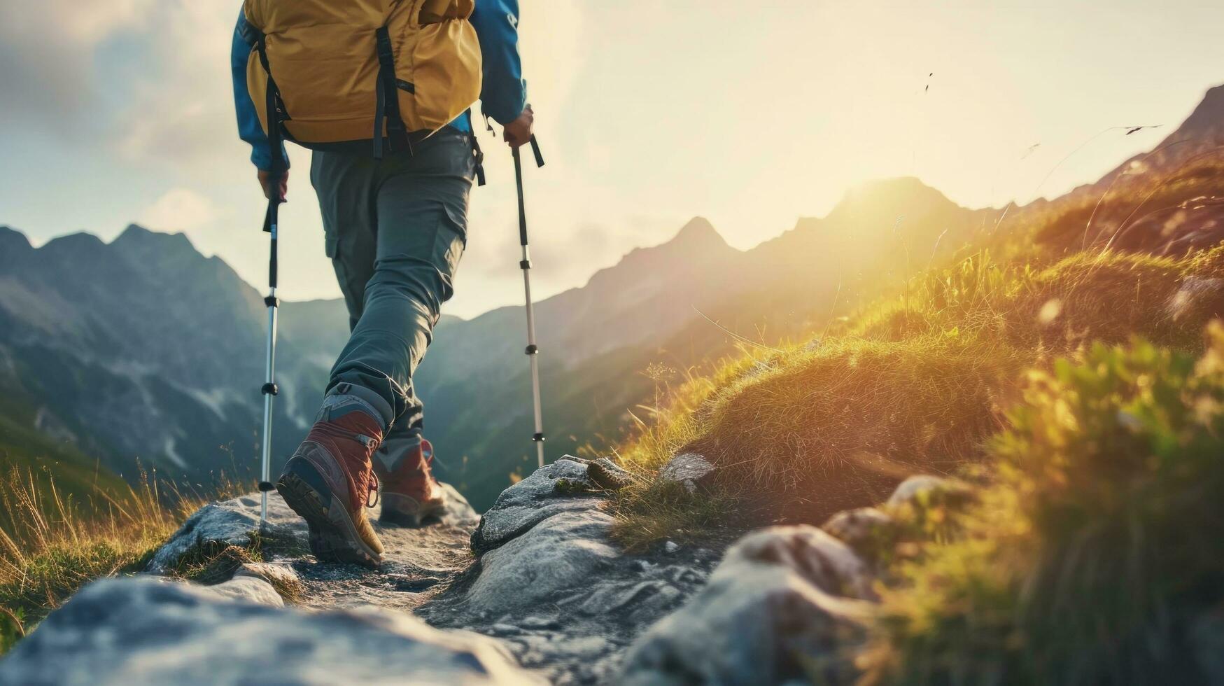 AI generated hiking advertisment background with copy space photo
