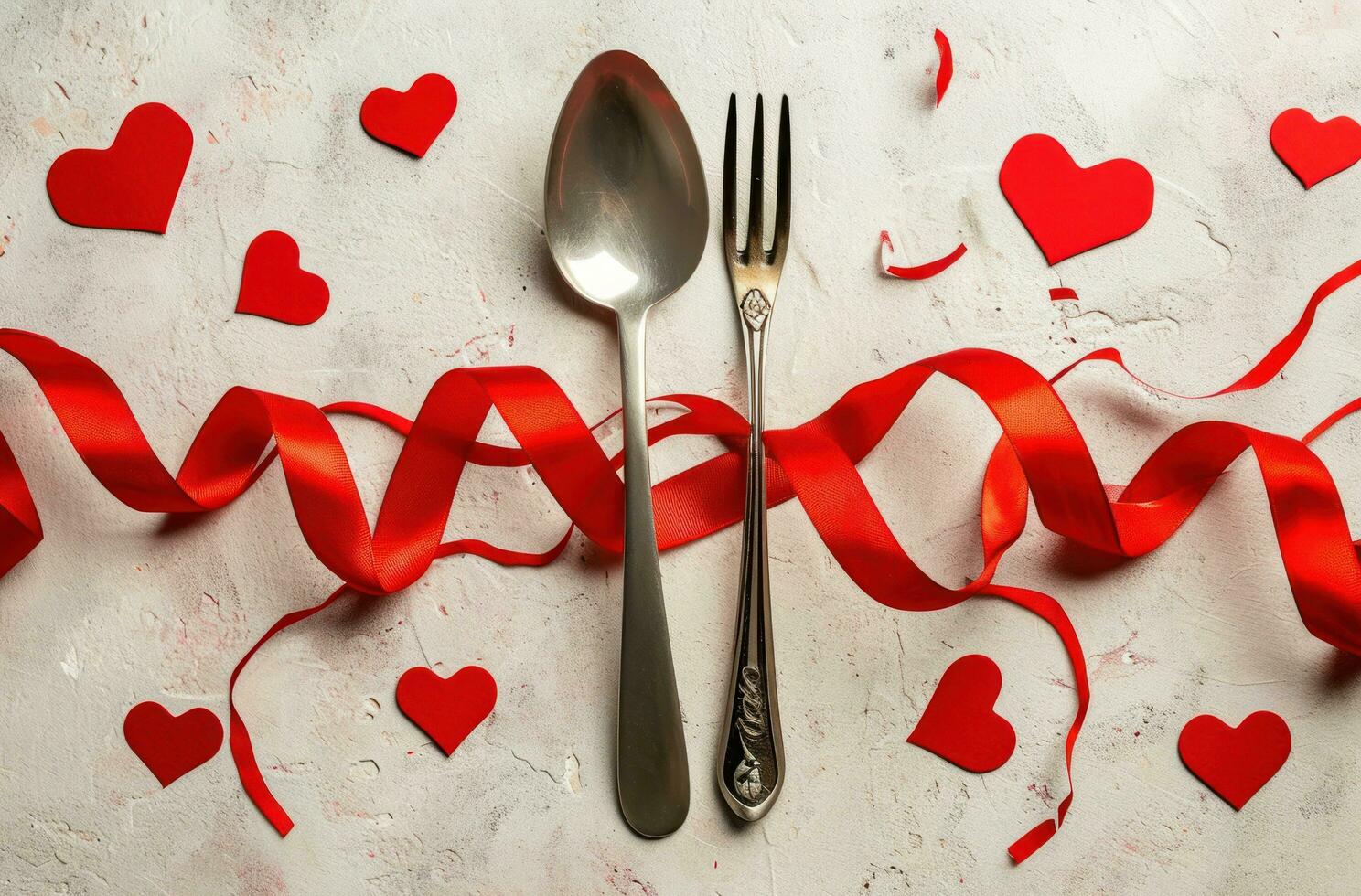 AI generated a fork and spoon surrounded by red ribbons and hearts photo