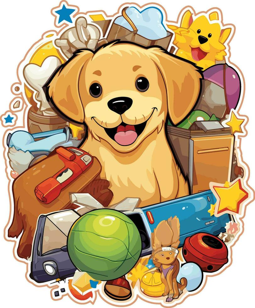AI generated A cartoon dog with many different objects on white background vector