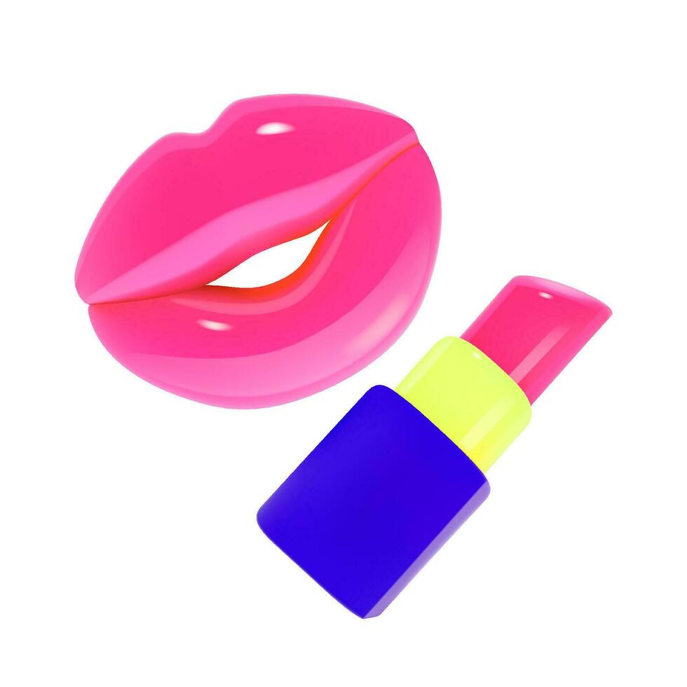 Pink lips and lipstick in 3D cartoon style isolated on white background. vector