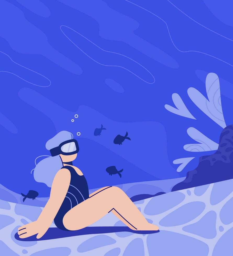 Woman swims underwater, enjoying the beauty of the ocean floor and fish. vector