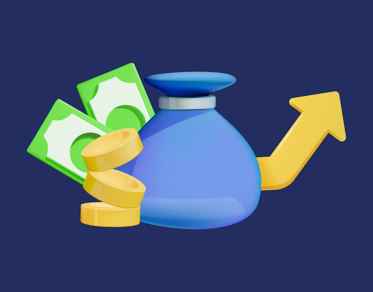 3D icon revenue growth increasing graph. Bag of money, cash, and an upward arrow. vector