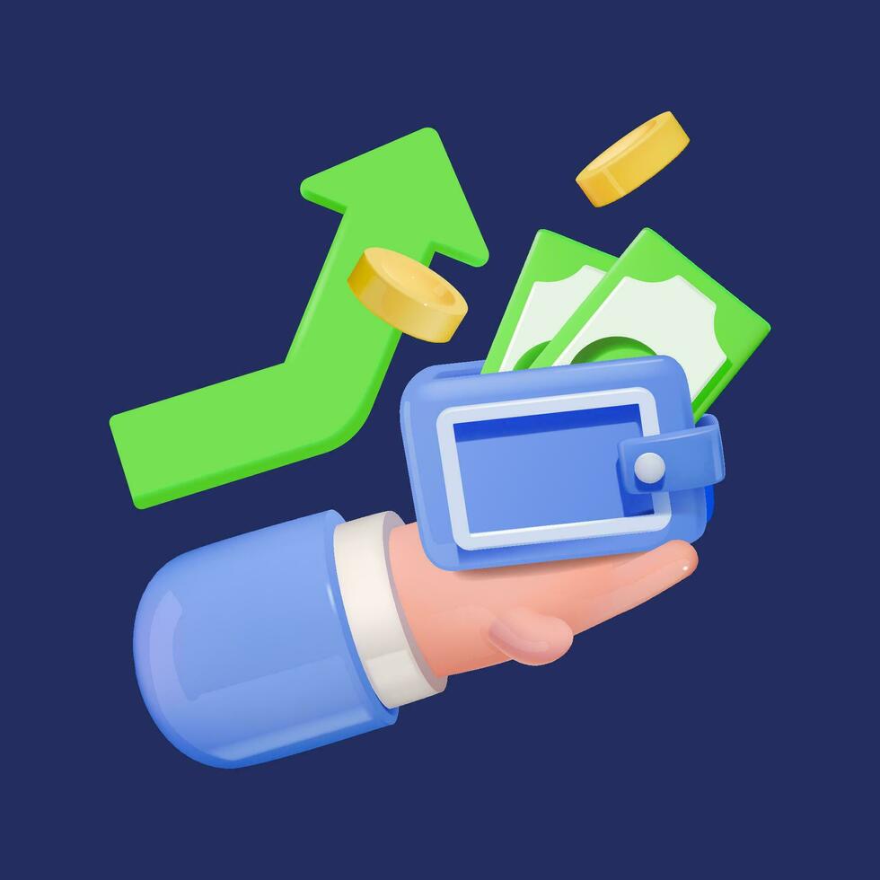 A hand holding a wallet with cash and an upward arrow. Concept of income growth and profit increase. vector