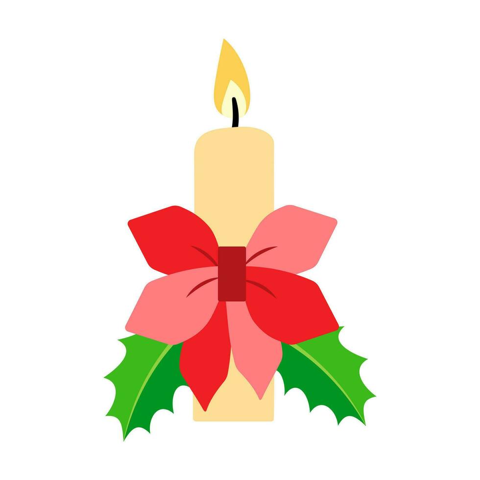 Christmas candle and holly berry. Festive candle vector