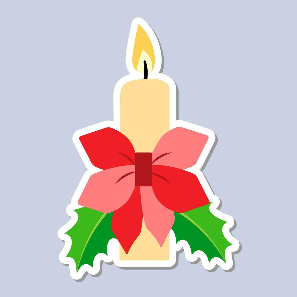 Christmas candle sticker and holly berries. A festive sticker icon with a candle vector