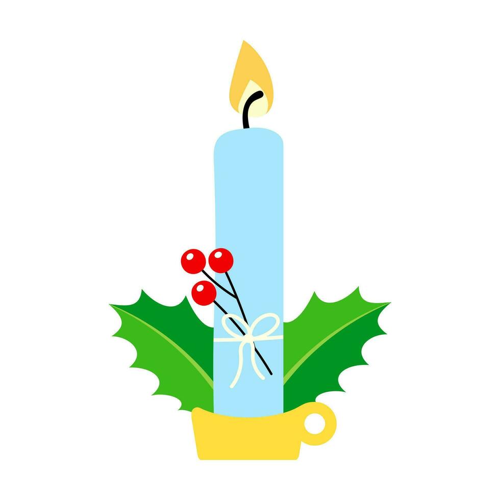 Christmas candle and holly berry. Festive candle vector