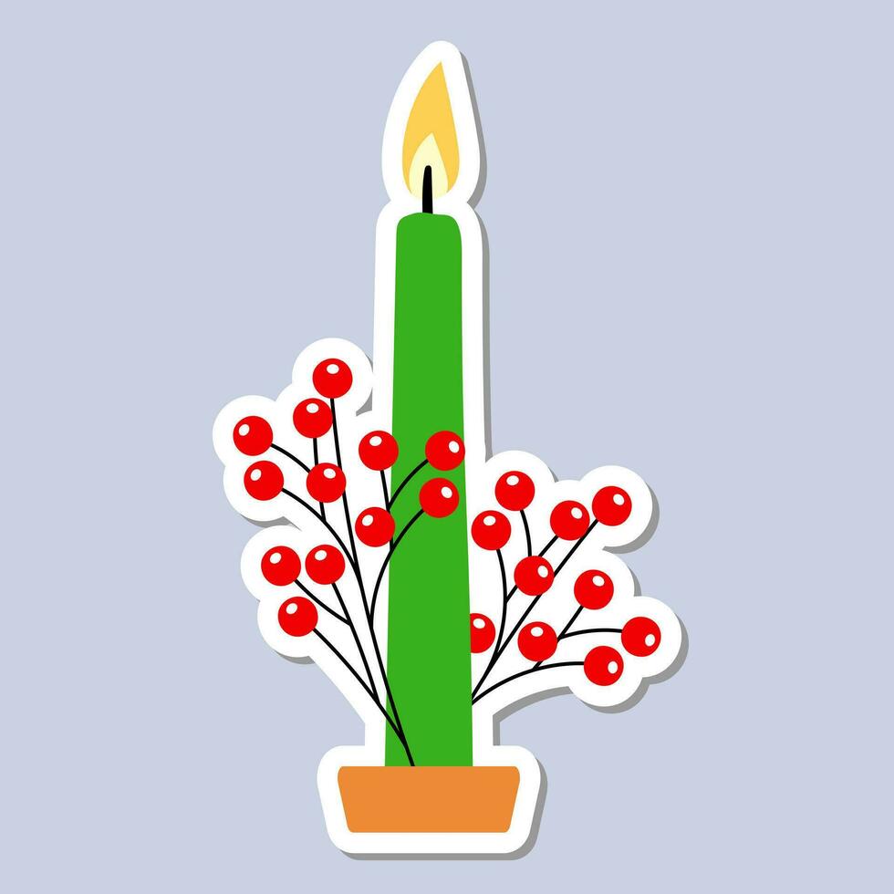 Christmas candle sticker and holly berries. A festive sticker icon with a candle vector