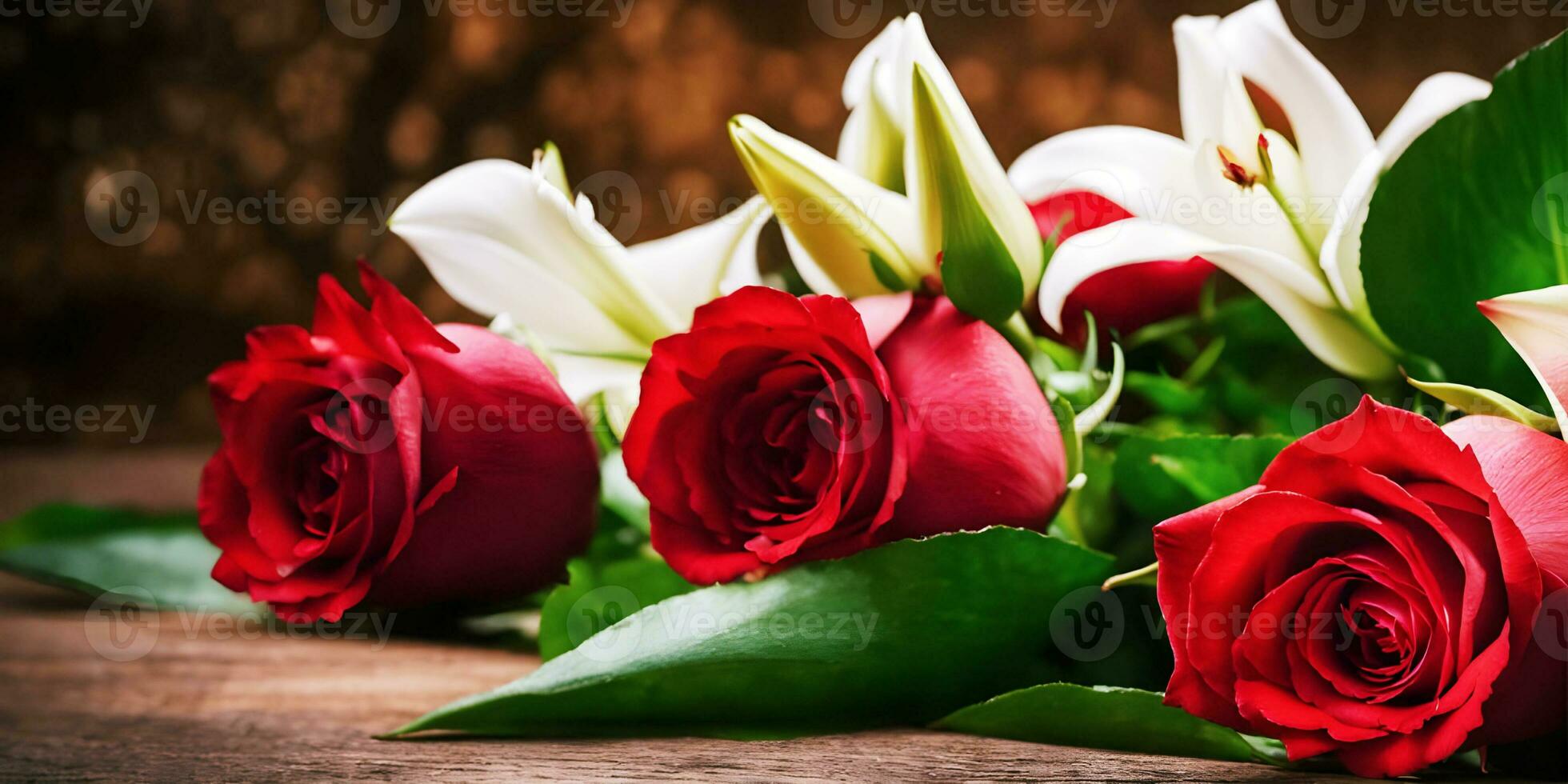 AI generated Bouquet of red roses with ribbon on wooden background, closeup photo