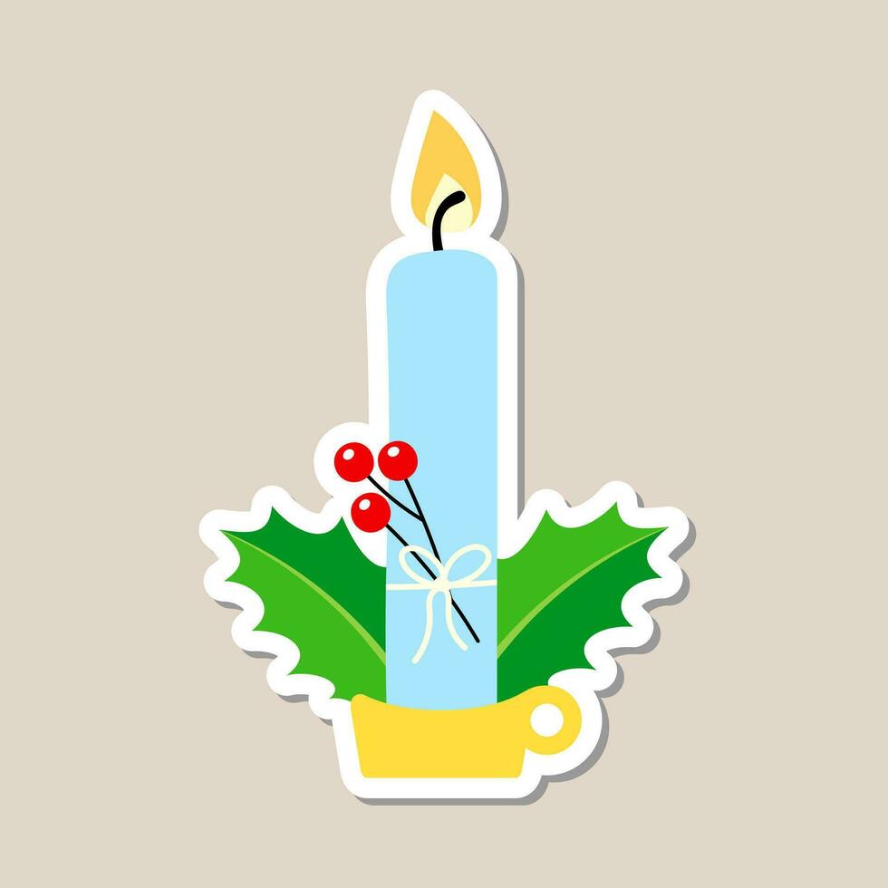 Navidad vela pegatina y acebo bayas. un festivo pegatina icono con un vela vector