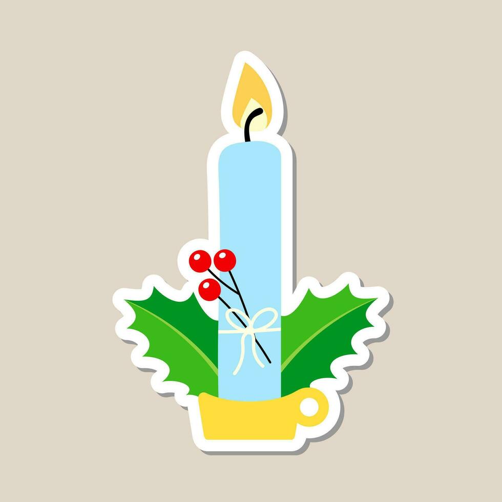 Christmas candle sticker and holly berries. A festive sticker icon with a candle vector