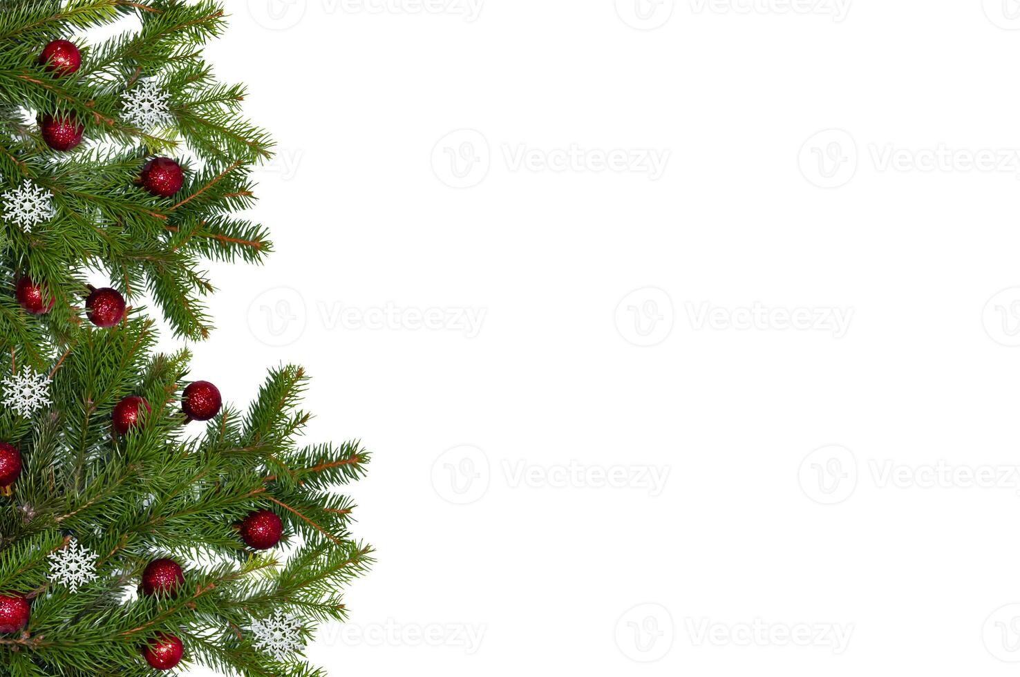 Christmas branch of a natural tree with red balls on a white background close-up. Isolate photo