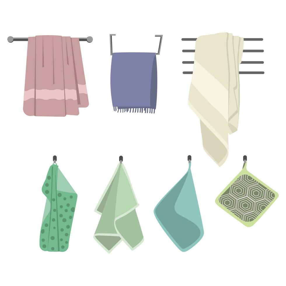 dibujos animados toallas, baño, cocina, playa. baño y cocina toallas, casa elementos para higiene. vector limpiar y Fresco microfibra toalla ilustración, rodar textil después lavar