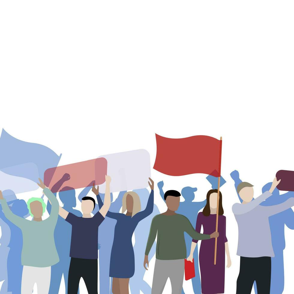 Protesting poster color with crowd, concert and demonstration, crowdy activist cheerful, vector illustration