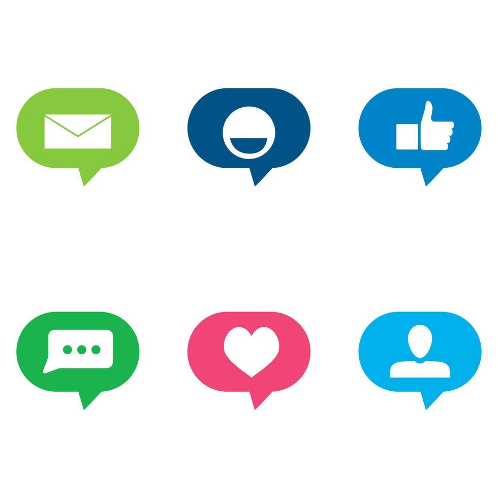 social medios de comunicación habla burbuja de colores para contando. vector pulgar arriba, comunicación botón información, sonrisa y sobre mensajes, corazón y amigos agregando ilustración
