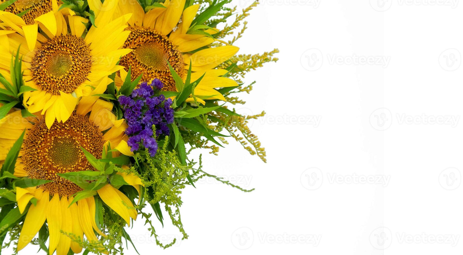 Bouquet of sunflowers and lavender isolated on white background photo