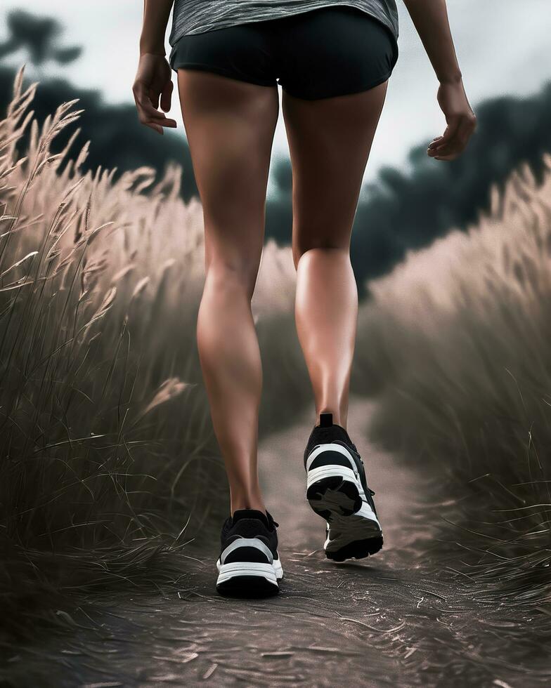 AI generated Athletic young woman running in a field at sunset. ai generative photo