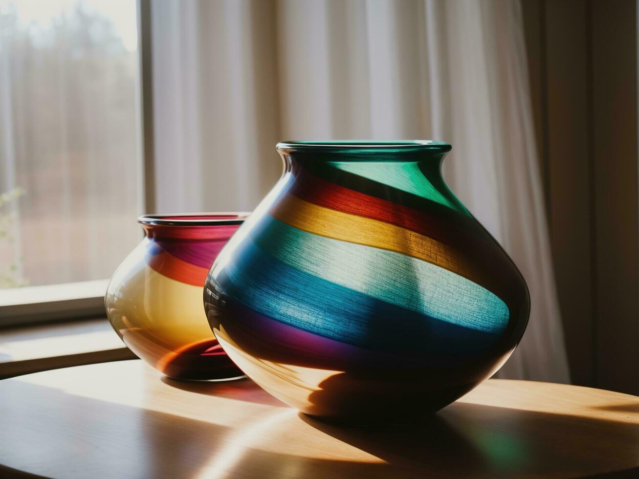 AI generated Colorful vases on a table in a modern living room. ai generative photo