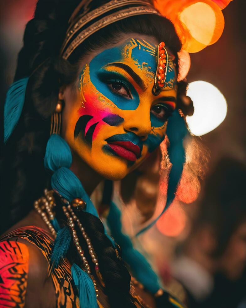 AI generated Portrait of a beautiful young woman with face art. Colorful make up. ai generative photo