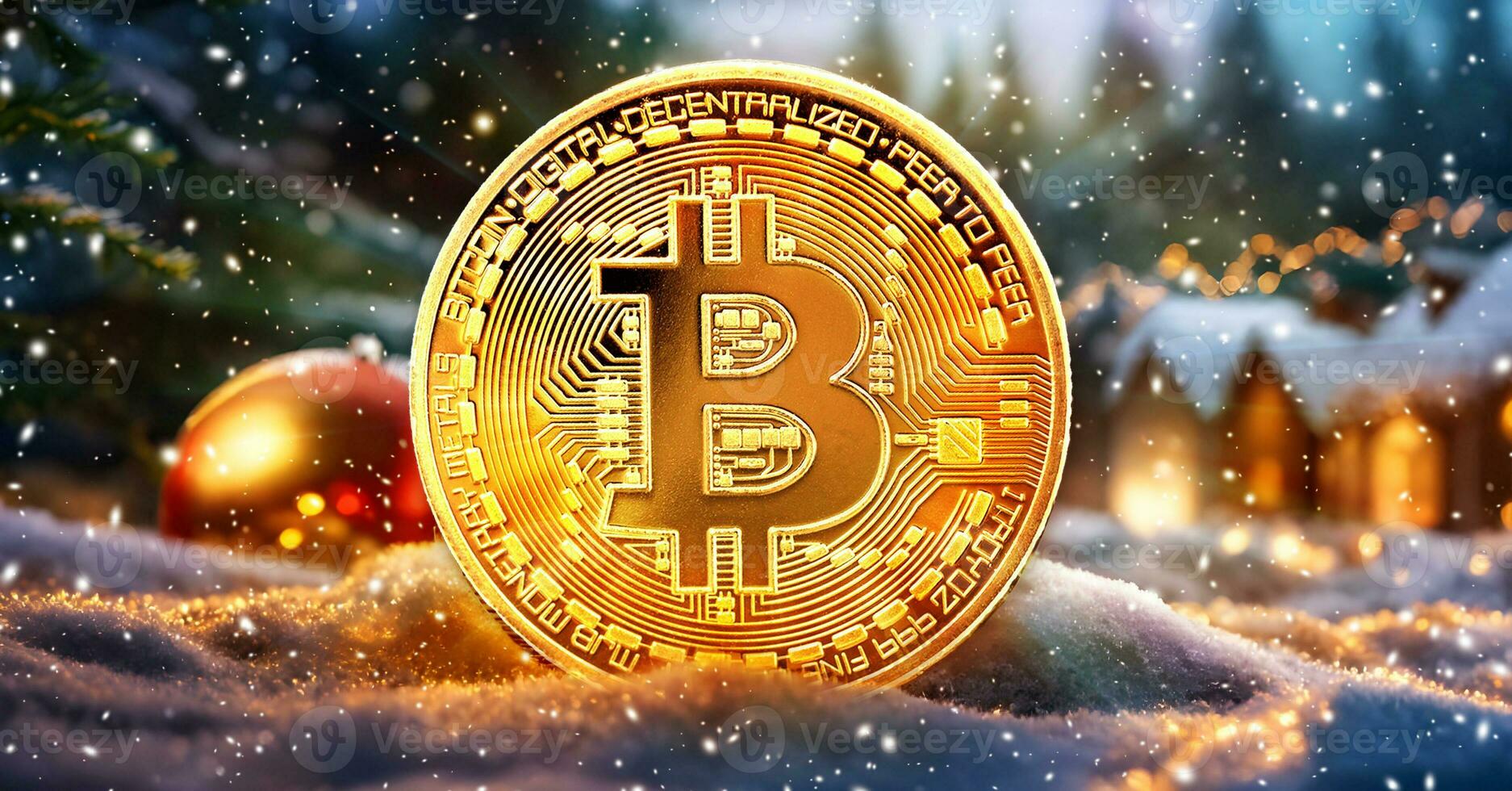 Gold bitcoin against a background of snow and Christmas tree and bokeh. photo
