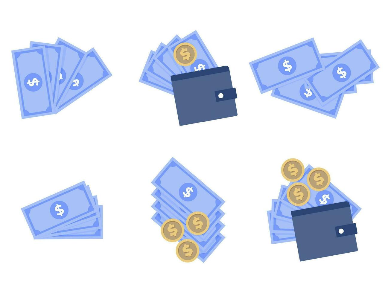 conjunto de dinero efectivo pila moneda y cartera, ventilador y cuenta con billetera, vector papel moneda prosperidad. ilustración ahorros Finanzas conjunto