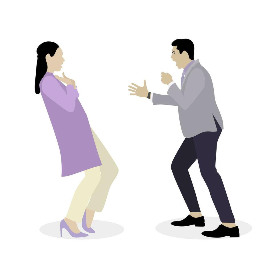 Quarrel and bulling husband yells at wife. Woman and man relationship conflict, illustration couple divorce and aggressive shouting, boss and employee vector. Behavior boyfriend and girlfriend arguing vector