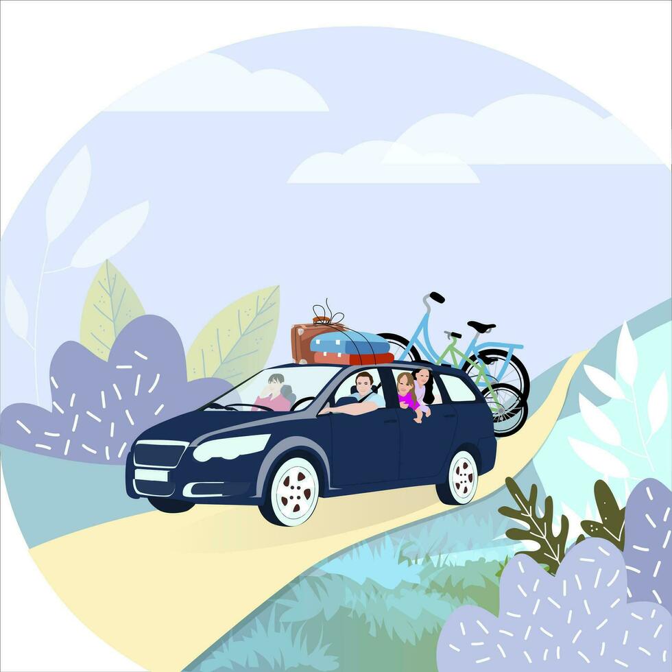 Family travel by car with bike. Family road trip on car. Family couple with kids on vacation. Vector illustration. Active summer trip with family