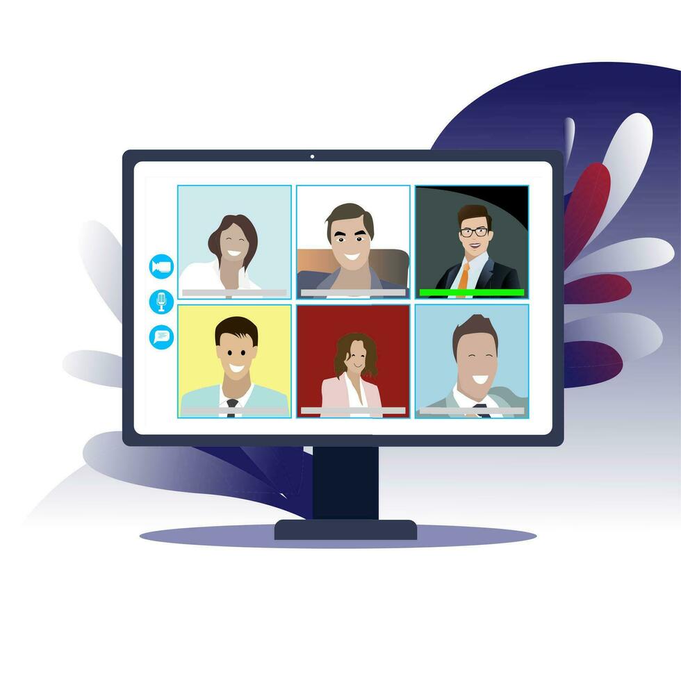 Online business conference in isolation period. Webinar conference communication, business video meeting screen, team work online using modern soft. Vector illustration