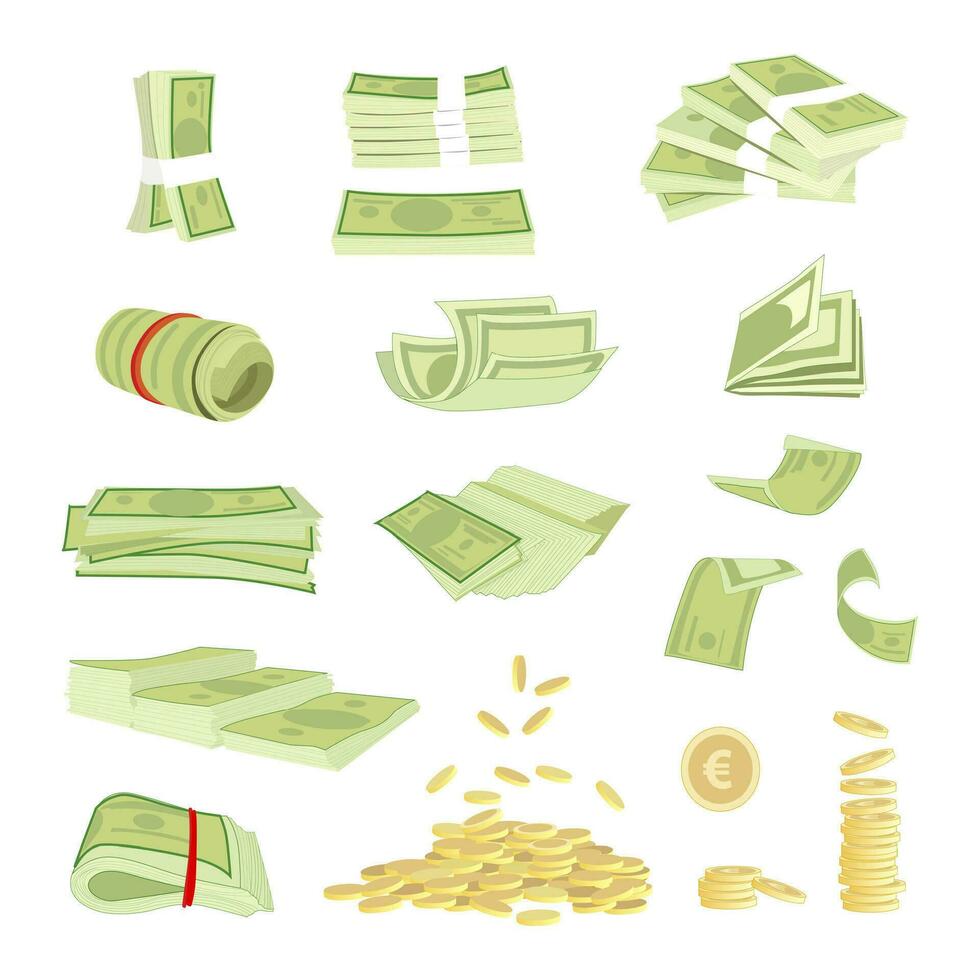Money cash banknotes currency vector illustration. Various money bills dollar, paper bank notes and gold euro coins. Collection of cash heap pile, rolled stack and pile of coins, heap profit money