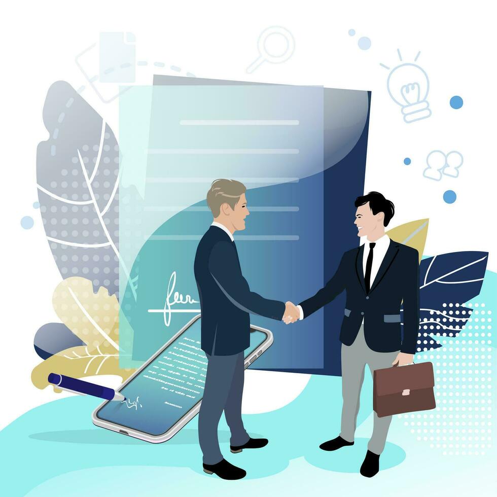 Good deal, signing business contract. Profitable partnership. Investor trust sponsor money, startup advantage, building handshaking teamwork. Vector cooperation signature illustration