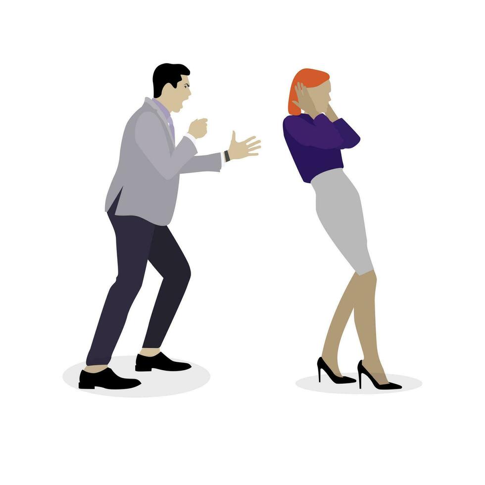 Husband shouting to wife, boss yelling to staff. Bullying concept in family and work. Vector conflict couple, divorce and scandal, arguing expression illustration