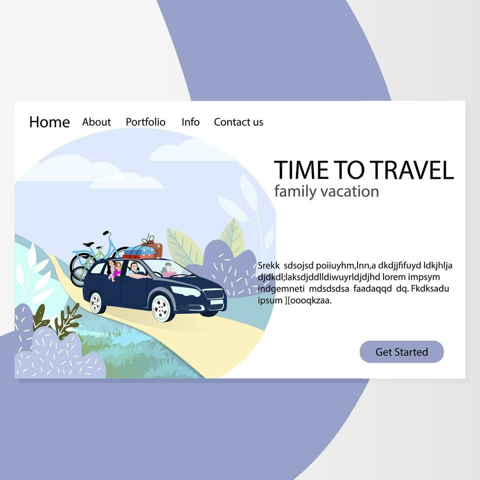 Time to family travel. Agency landing page. Vector webpage car with baggage, journey transportation active illustration