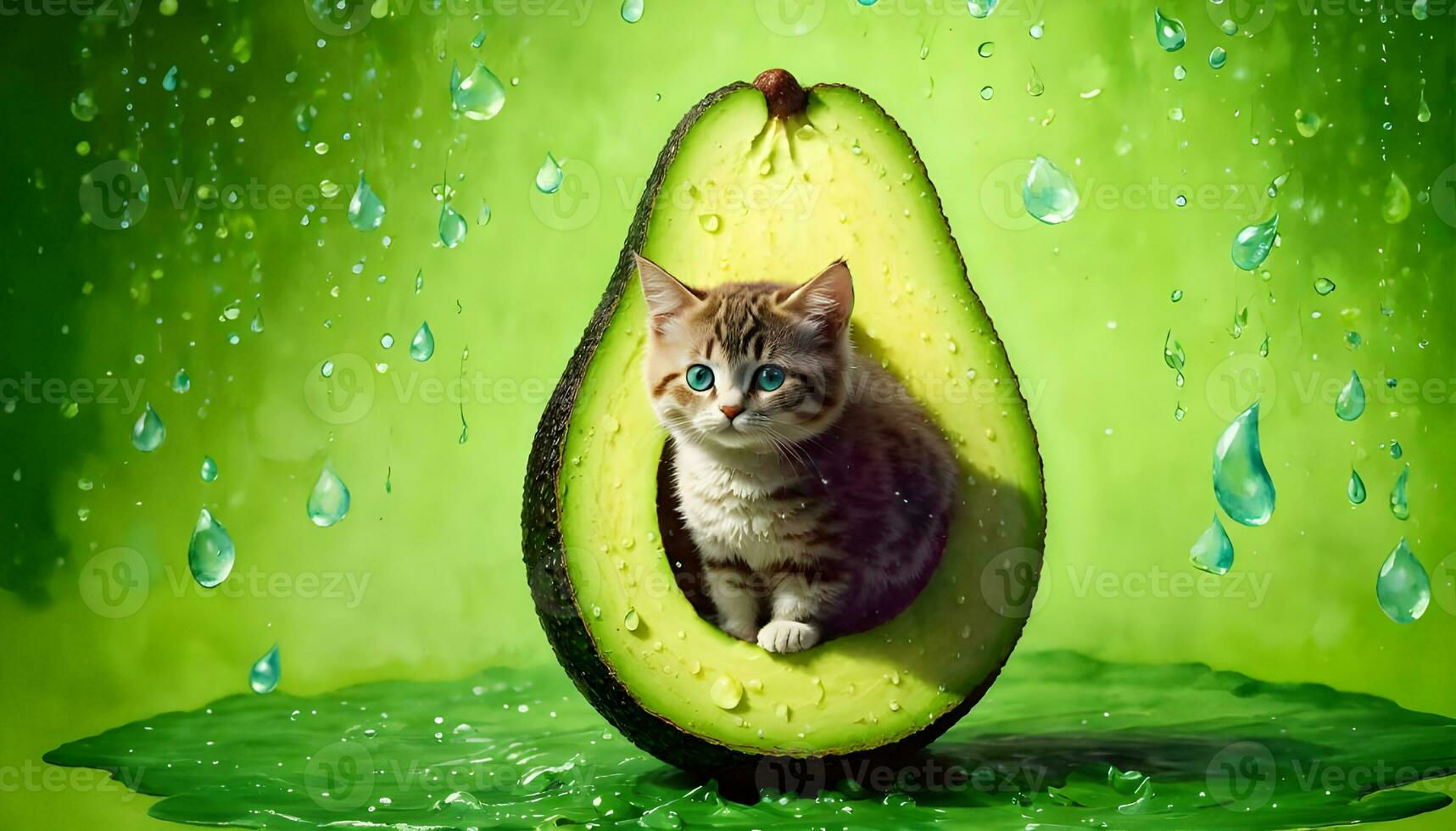 ai generado linda gato sentado en un aguacate con gotas de agua en verde antecedentes foto