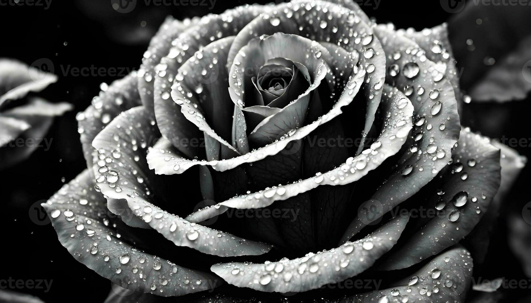 AI generated Black and white rose with water drops on petals. Close up. photo