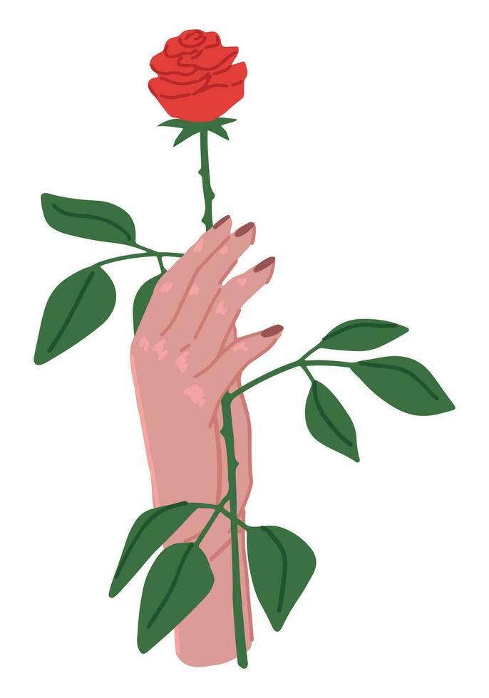 elegante hembra mano con Rosa flor. internacional mujer día dibujos animados vector ilustración. plano sencillo clipart aislado en blanco.