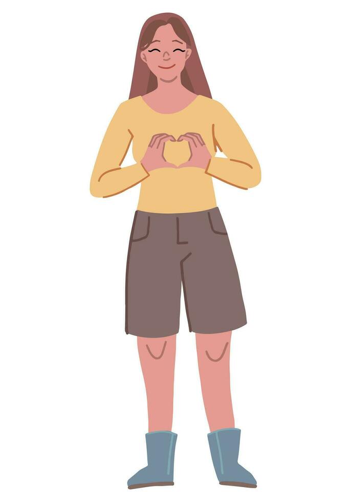 mujer haciendo un corazón con su manos. amor gesto dibujos animados vector ilustración. plano sencillo clipart aislado en blanco.