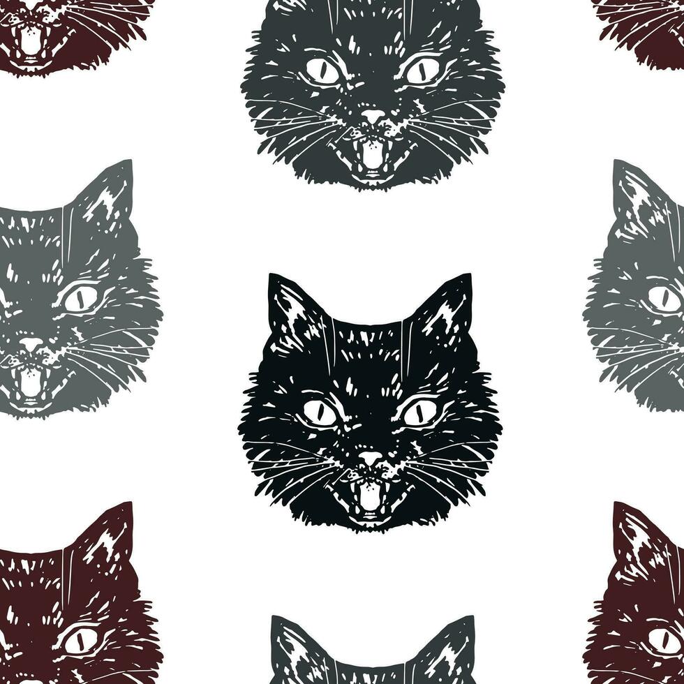 Angry black cat face ornament. Hissing cat halloween vector seamless pattern. Illustration in retro engraving style .