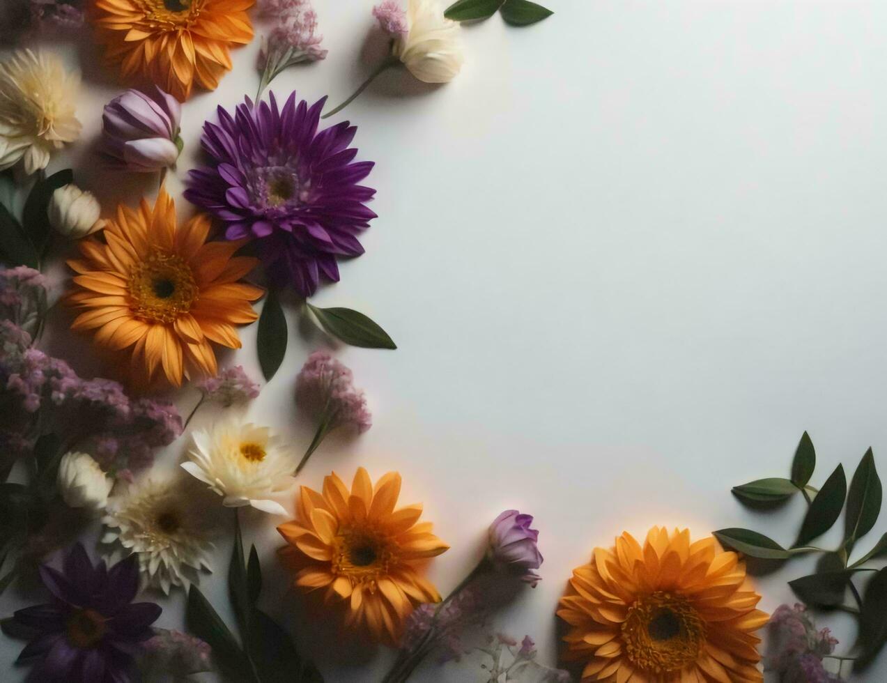 AI generated Flowers composition on white background. Flat lay, top view, copy space. generative ai photo