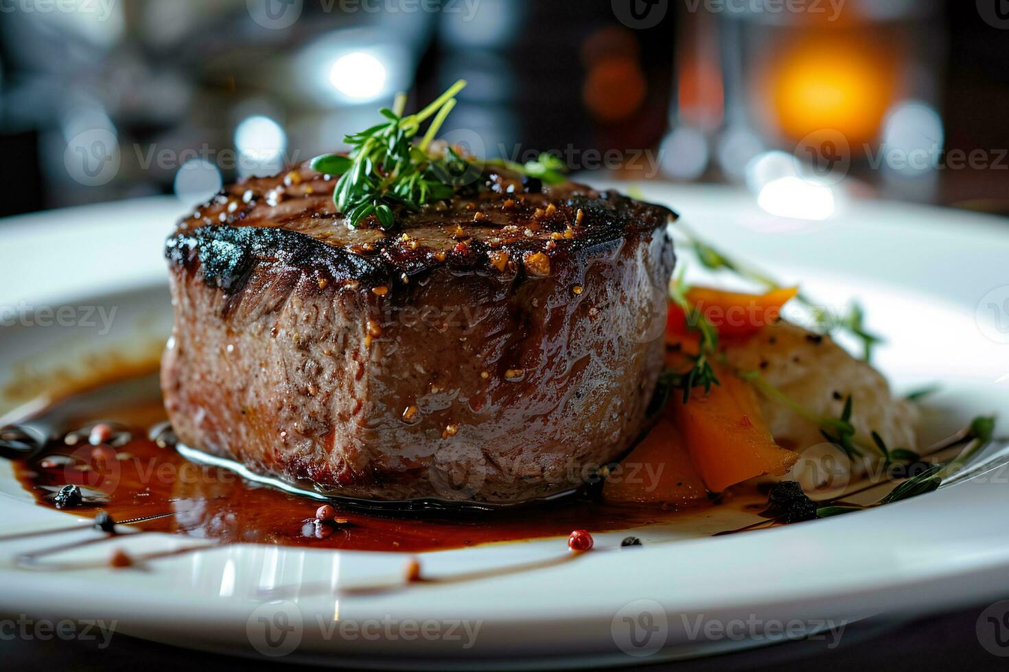 AI generated Closeup view of  beef filet mignon with rice and arugula lettuce. Generative AI. photo