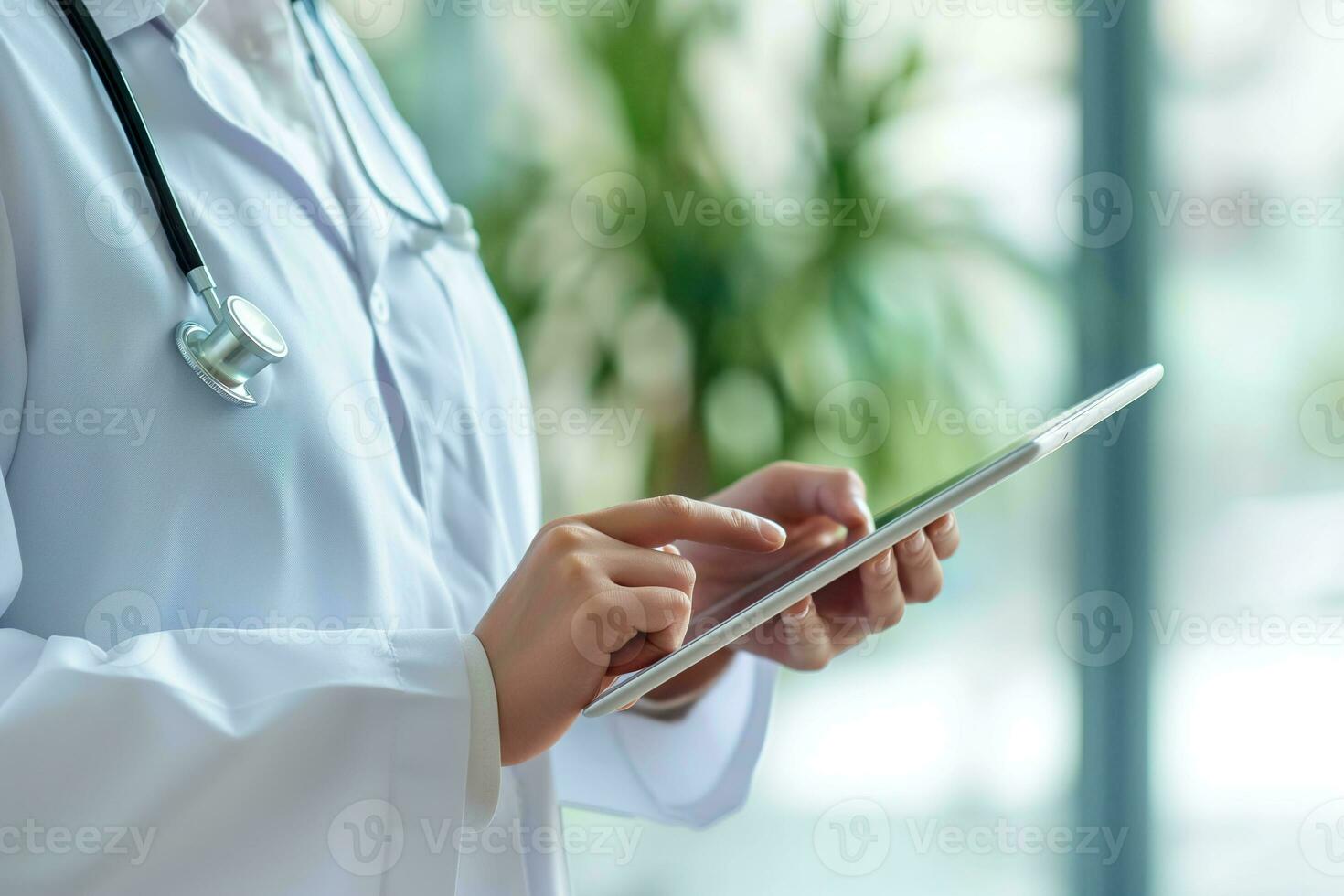 AI generated Closeup of female doctor using tablet computer in hospital. Generative AI. photo