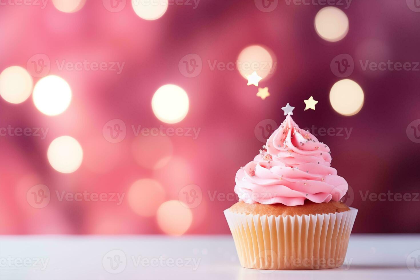 AI generated Birthday pink cupcake with candle on table. Generative AI. photo